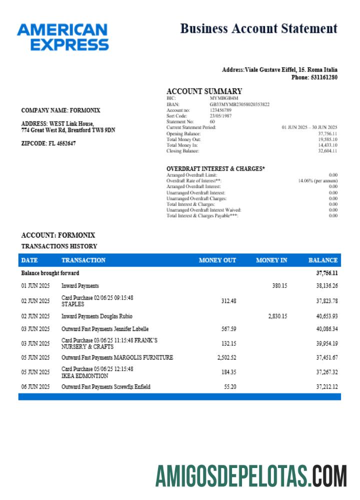 Em branco Italian American Express Amex Company Extrato de conta corrente Modelo Word e PDF